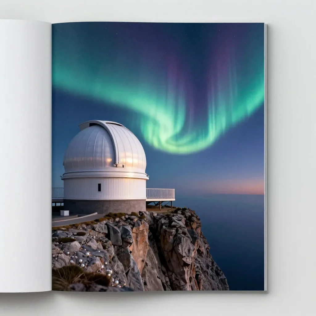 a cliffside observatory beneath an aurora, high-end design magazine photography, gentle reflected light, indigo and pear