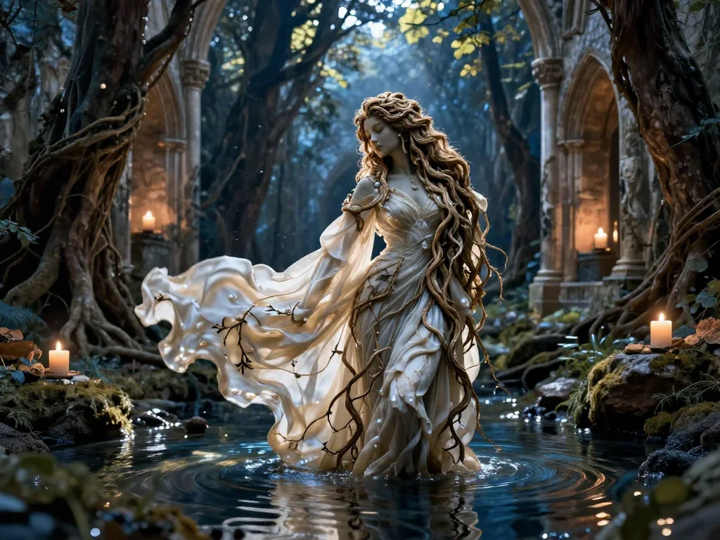 a dryad with vine-woven hair in a forest pool mid-turn with fabric catching the light, in a candle-lit cathedral ruin, N