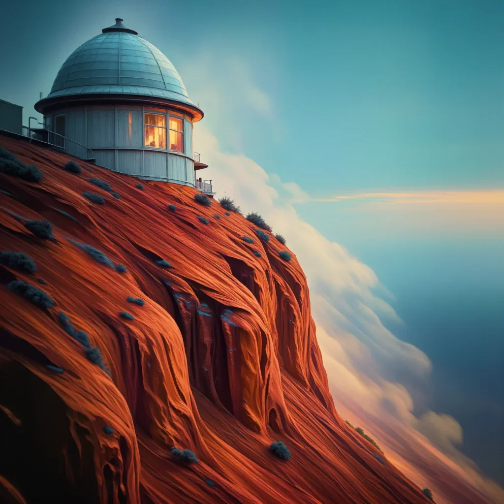 a cliffside observatory in early spring mist, dreamlike fine-art landscape photography, restrained color harmony, terrac
