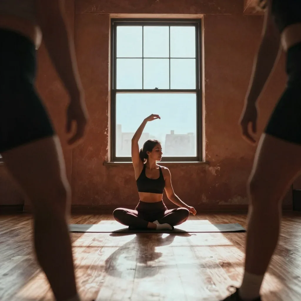 a fitness creator stretching in a sunlit loft in a seated silhouette against a window, on a midnight dance floor, soft-g