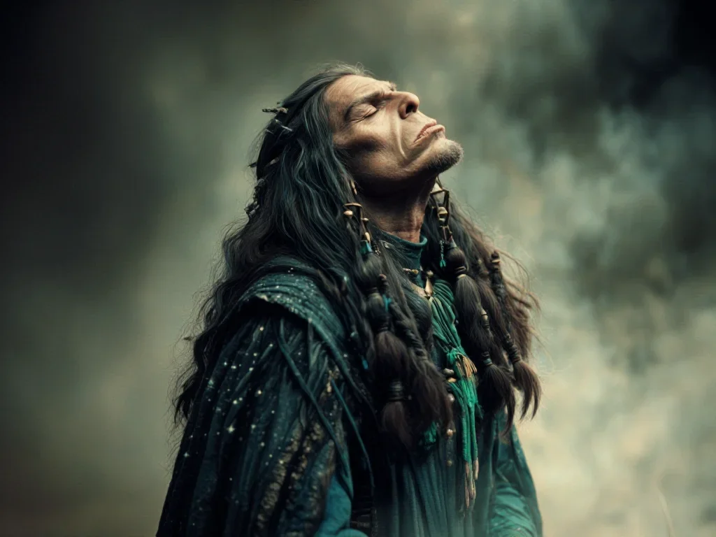 a sorceress in a star-lit midnight cloak in a deep breath with eyes closed, in a smoke-lit photo studio, soft-grain anal
