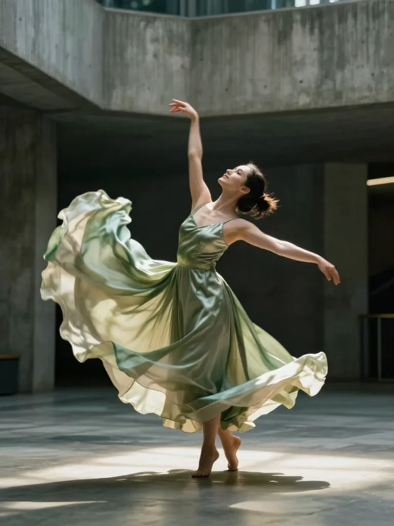 a dancer mid-spin in a silk maxi dress mid-turn with fabric catching the light, in a brutalist concrete atrium, moody Fu