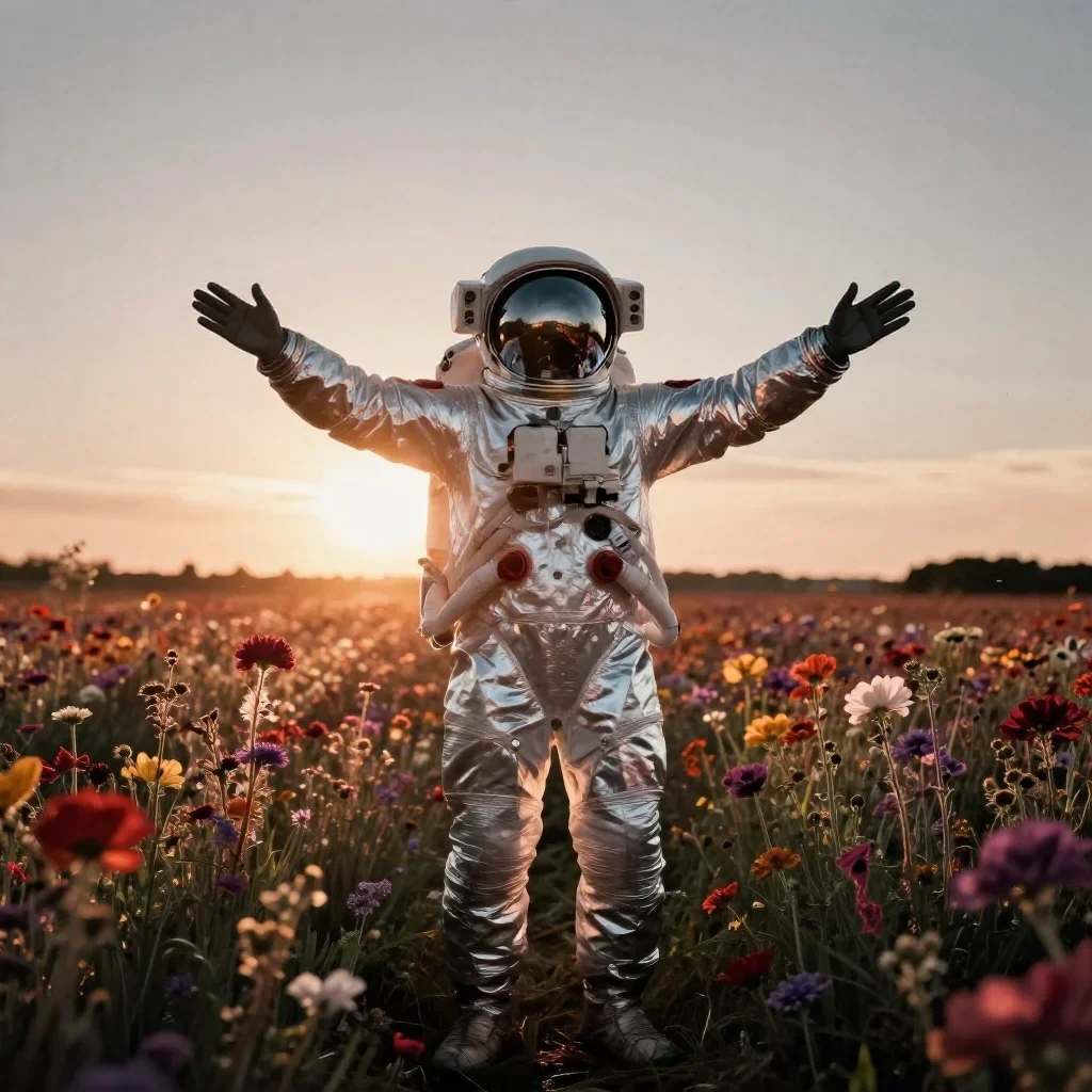 an astronaut in a reflective bodysuit among wildflowers in a bold, open-armed welcome, in a backlit golden-hour field, N