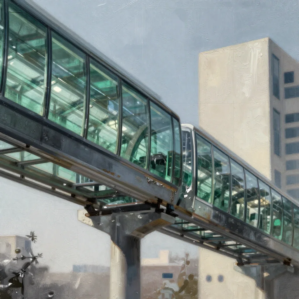a glass monorail in crisp winter sunlight, modernist poster illustration, weathered tactile surfaces, jade and charcoal