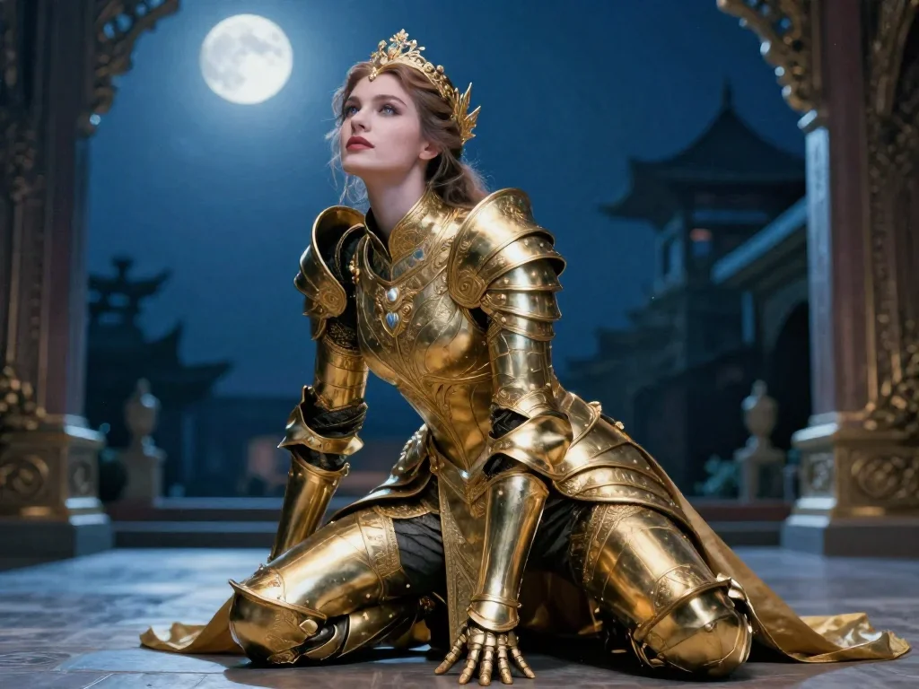 a warrior queen in ornate gilded armor in a low lunge with a lifted chin, in a moonlit palace courtyard, futuristic spec