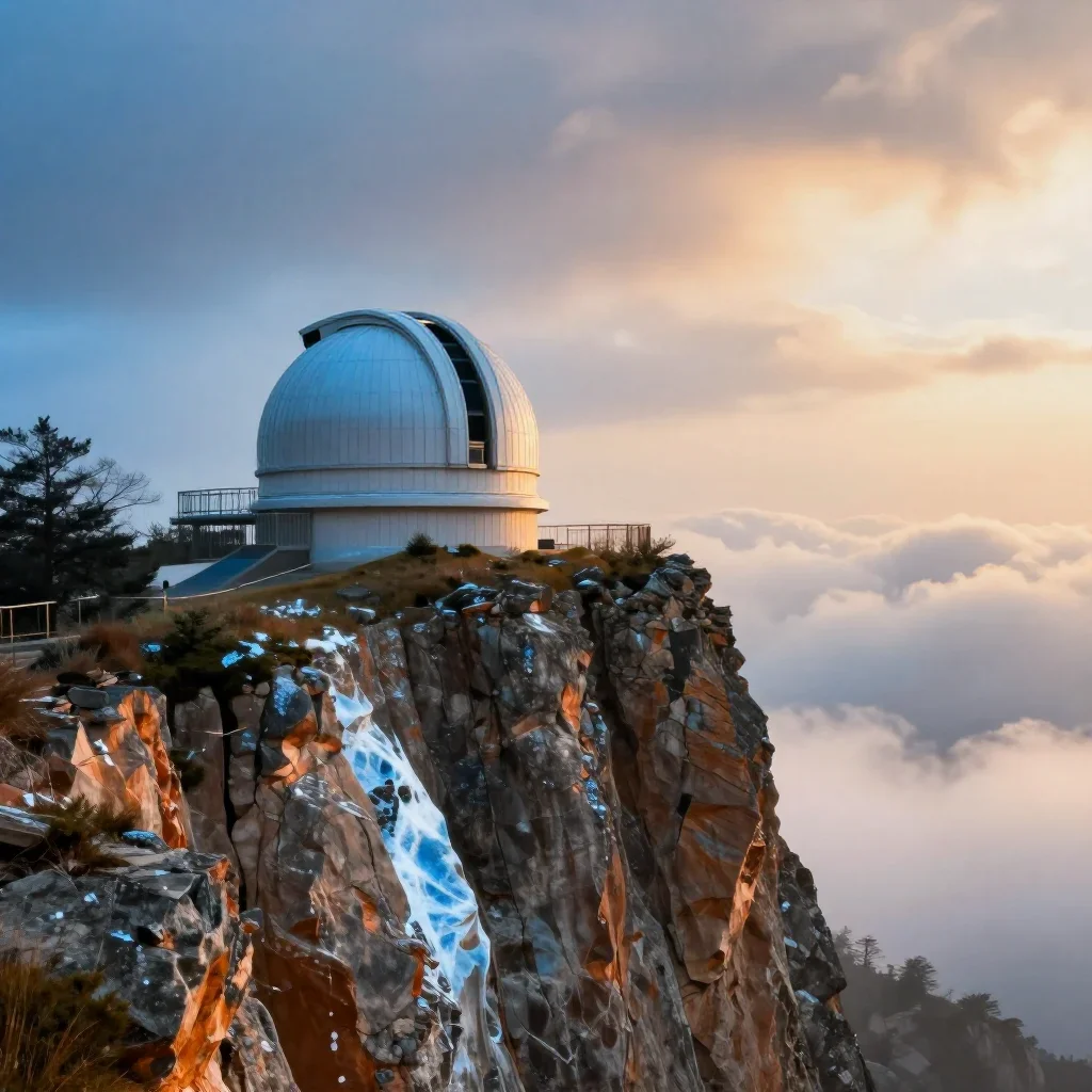 a cliffside observatory after warm summer rain, dreamlike fine-art landscape photography, soft volumetric light, ice blu