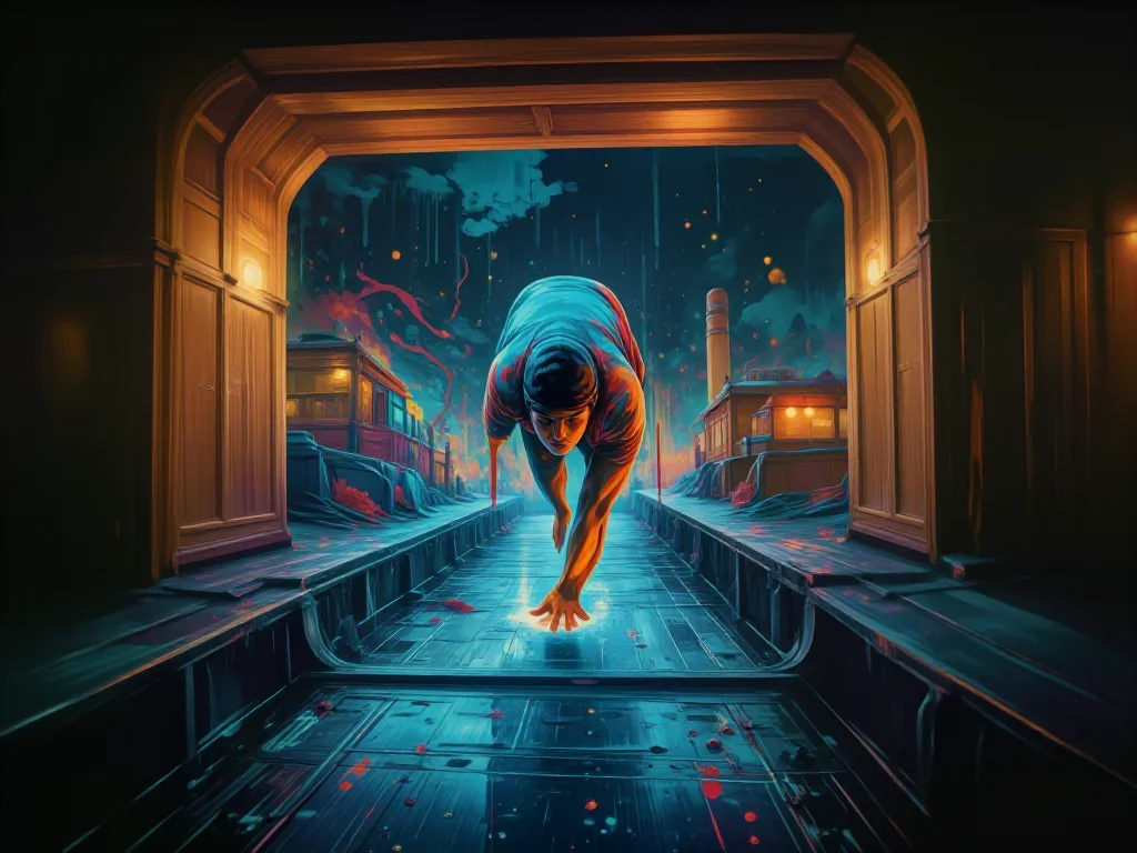 a swimmer before the plunge in a racing suit in a gentle reach toward the lens, on a neon-lit rooftop at midnight, moody