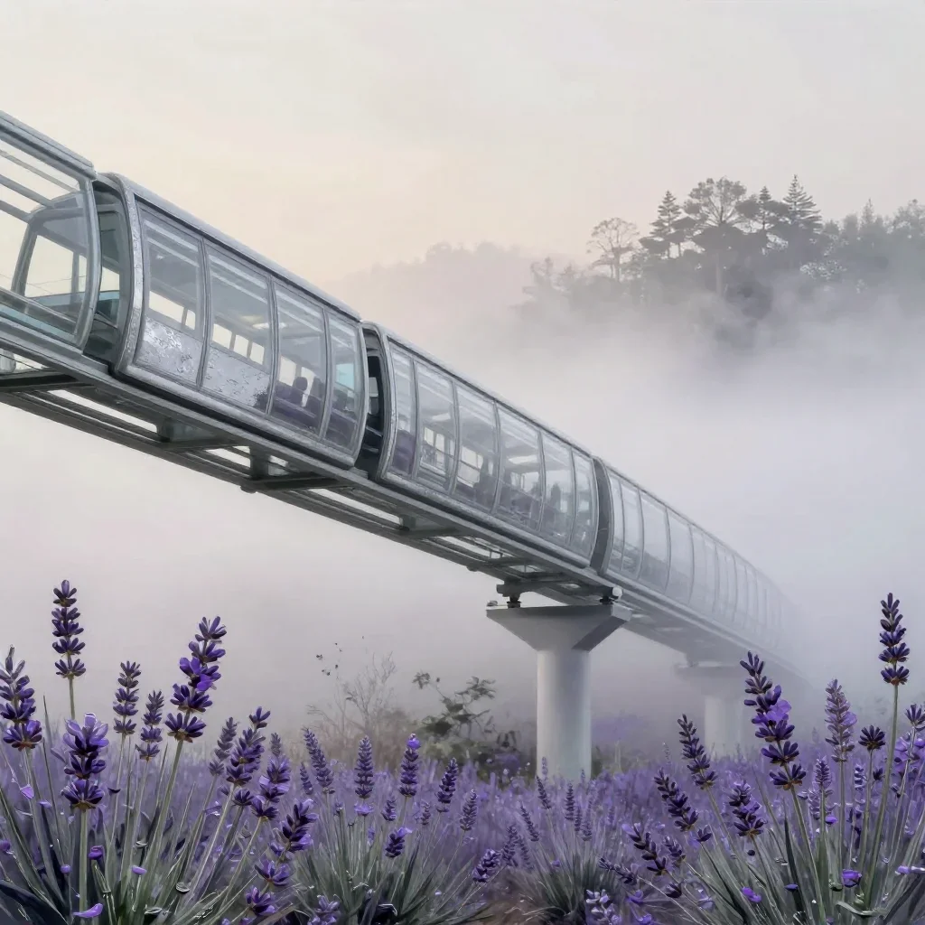 a glass monorail under soft dawn fog, contemporary botanical illustration, weathered tactile surfaces, lavender and silv