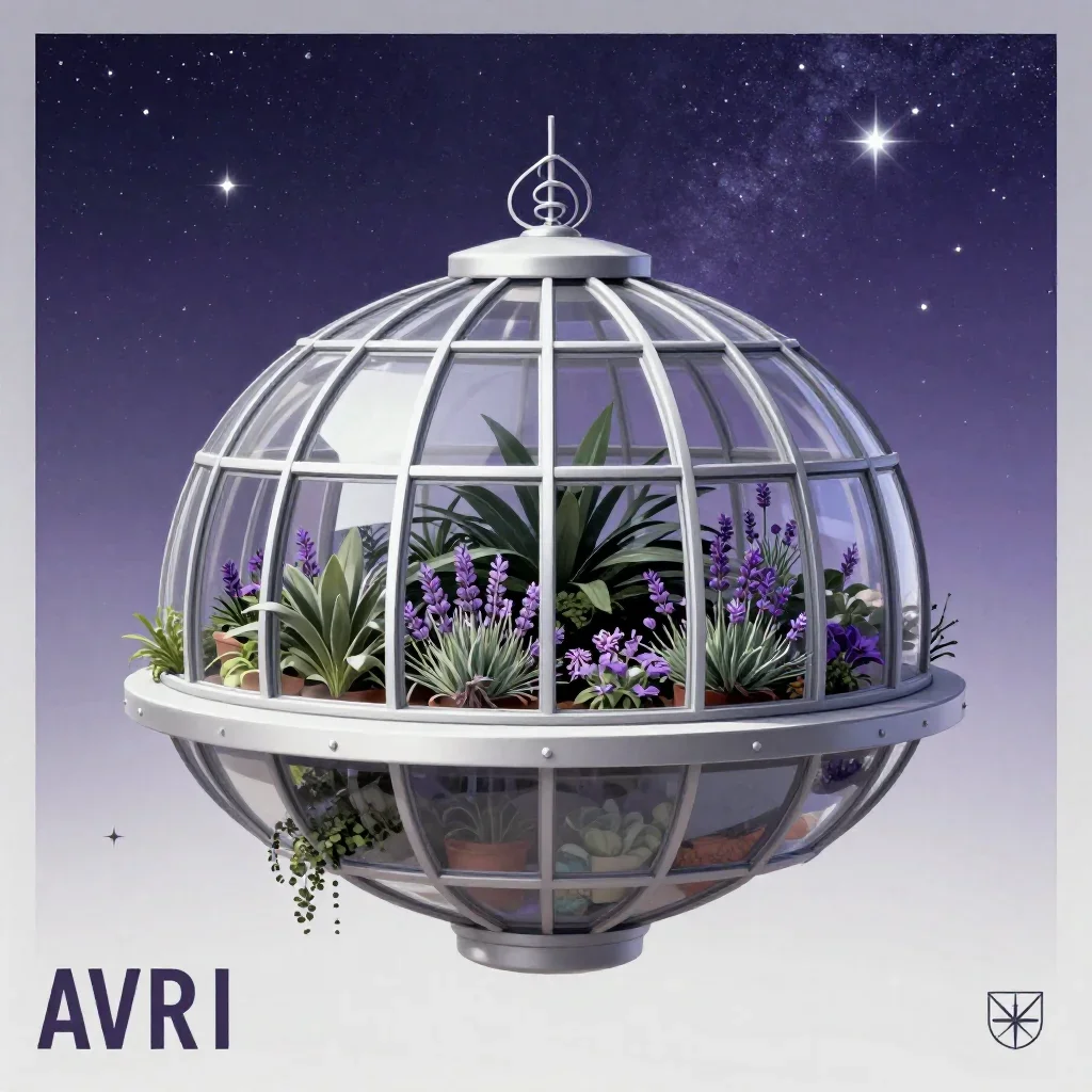 a floating botanical conservatory beneath a star-filled sky, modernist poster illustration, clean natural textures, lave