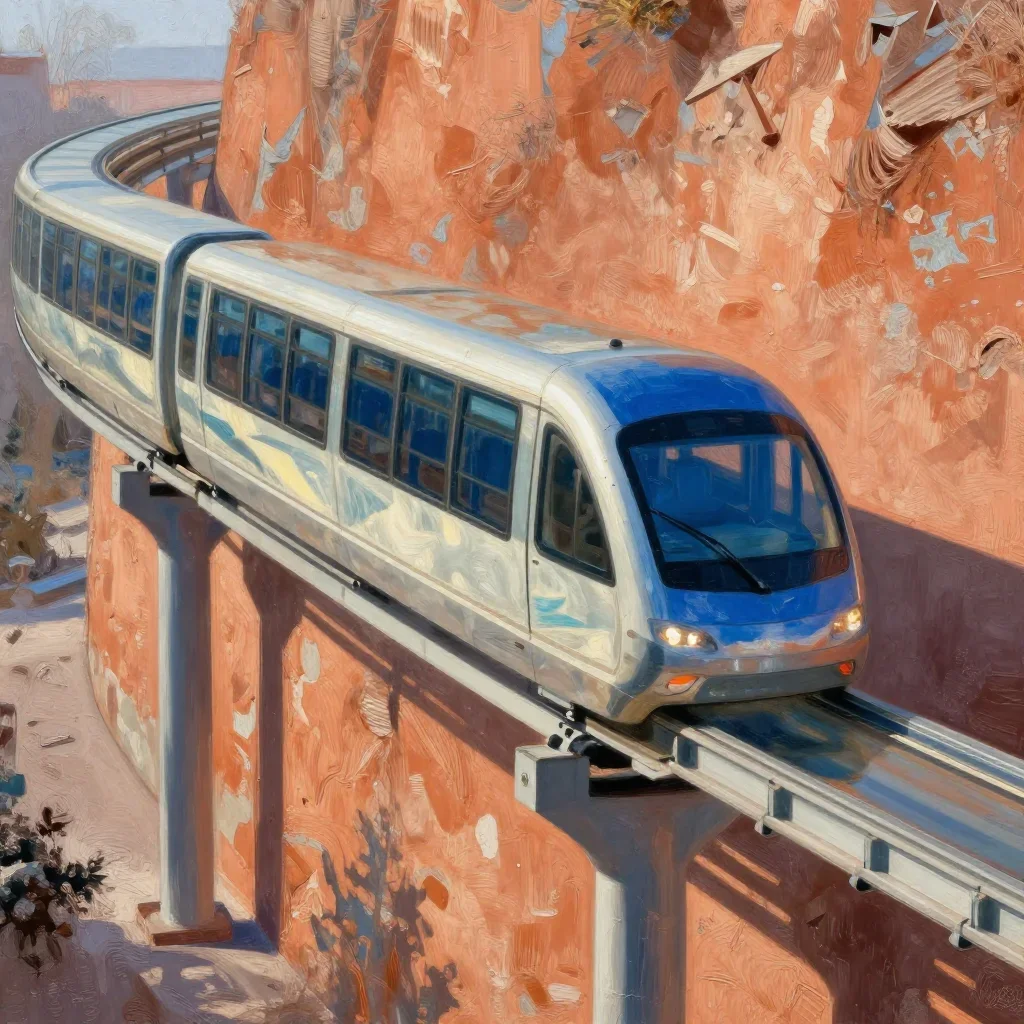 a glass monorail in crisp winter sunlight, museum-quality still-life photography, weathered tactile surfaces, ochre and 