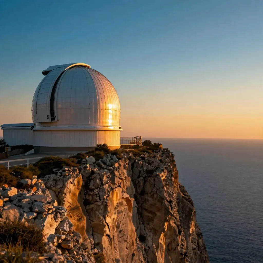 a cliffside observatory during golden hour, dreamlike fine-art landscape photography, gentle reflected light, cobalt and