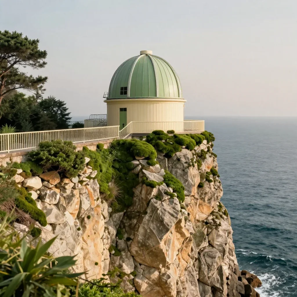 a cliffside observatory in a gentle sea breeze, refined editorial travel photography, crisp material detail, moss green