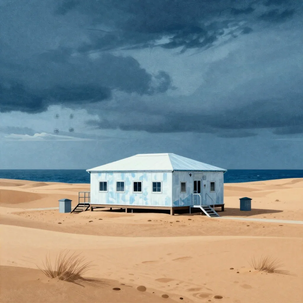 a desert research station under overcast coastal light, Japanese woodblock-inspired editorial art, atmospheric depth, ic