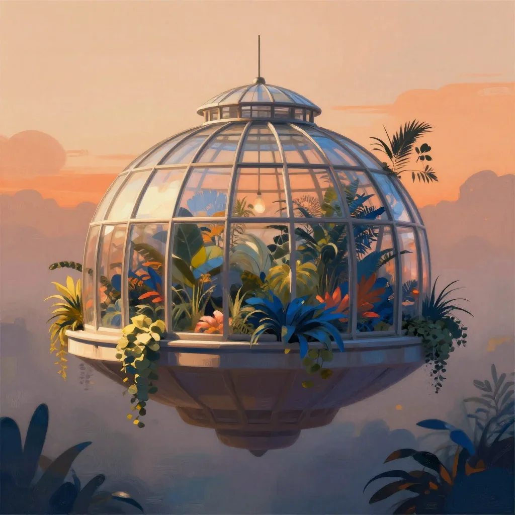 a floating botanical conservatory in quiet late-afternoon haze, modernist poster illustration, soft volumetric light, oc