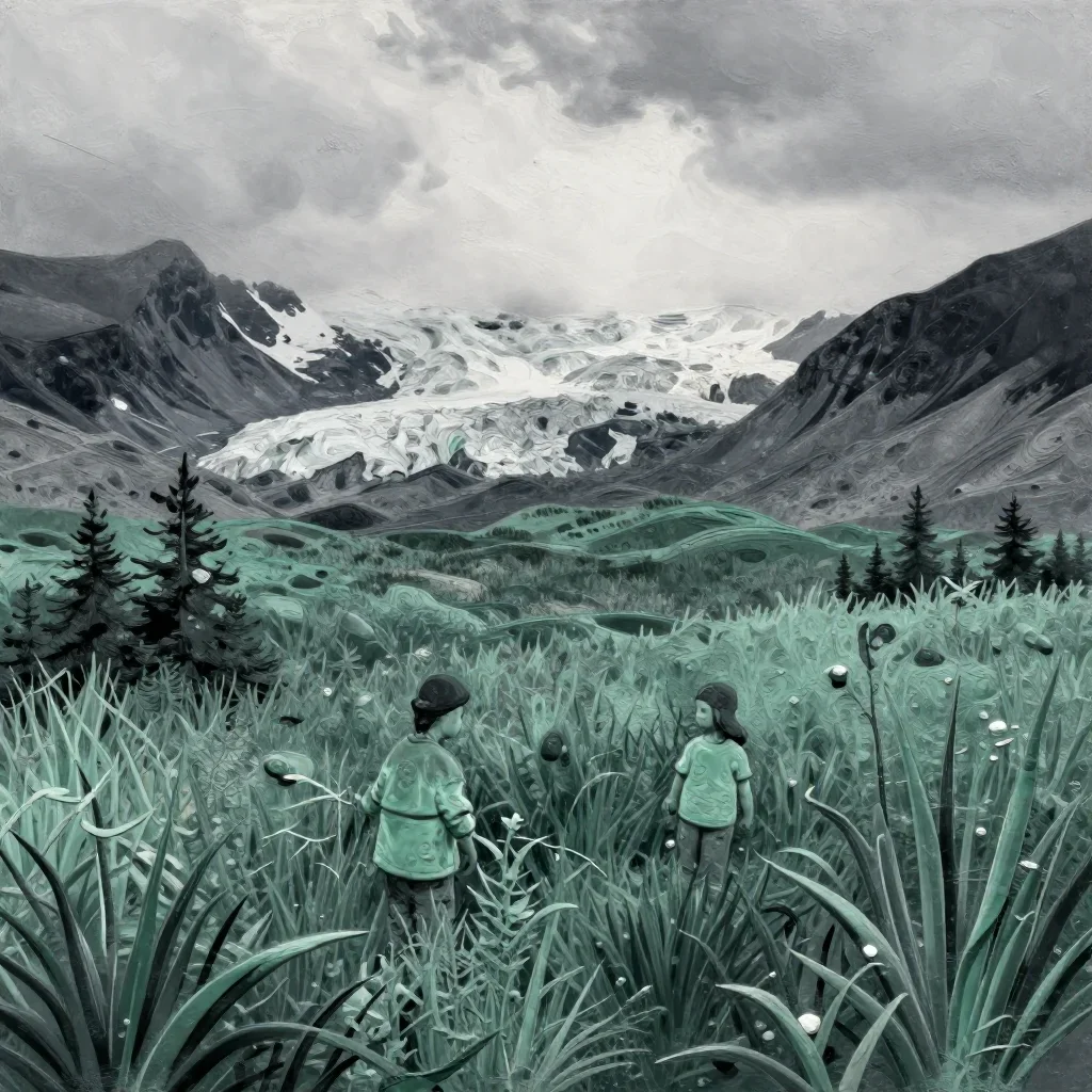 an alpine meadow beneath glaciers under overcast coastal light, contemporary botanical illustration, weathered tactile s