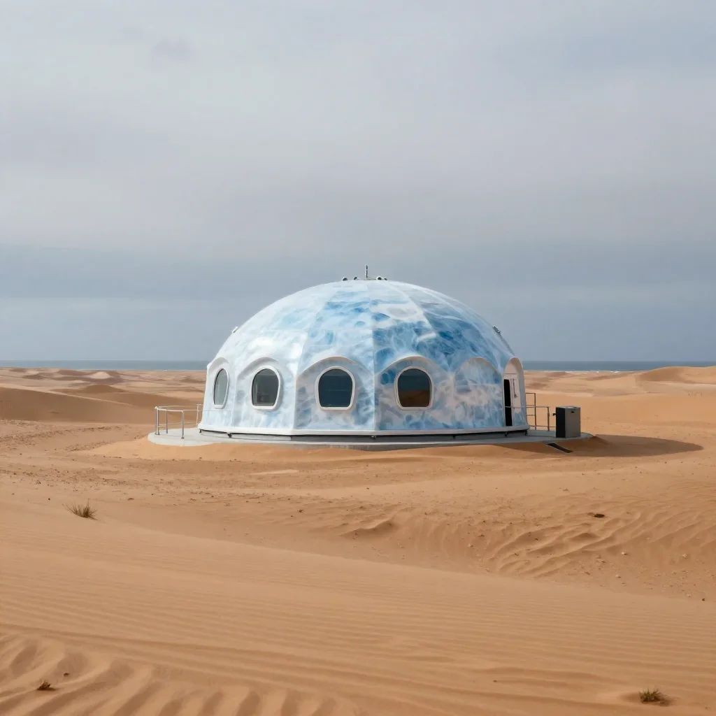 a desert research station under overcast coastal light, high-end design magazine photography, gentle reflected light, ic