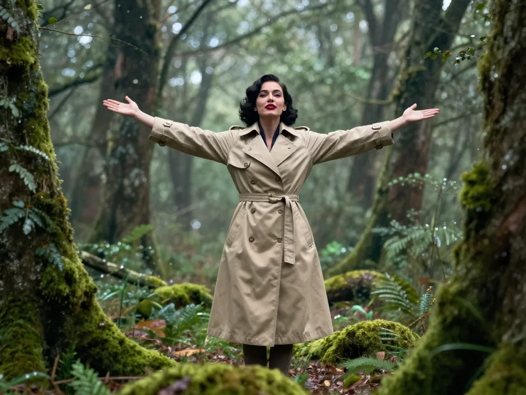 a noir detective's femme fatal muse in a trench coat in a bold, open-armed welcome, in a dewy forest clearing, cinematic