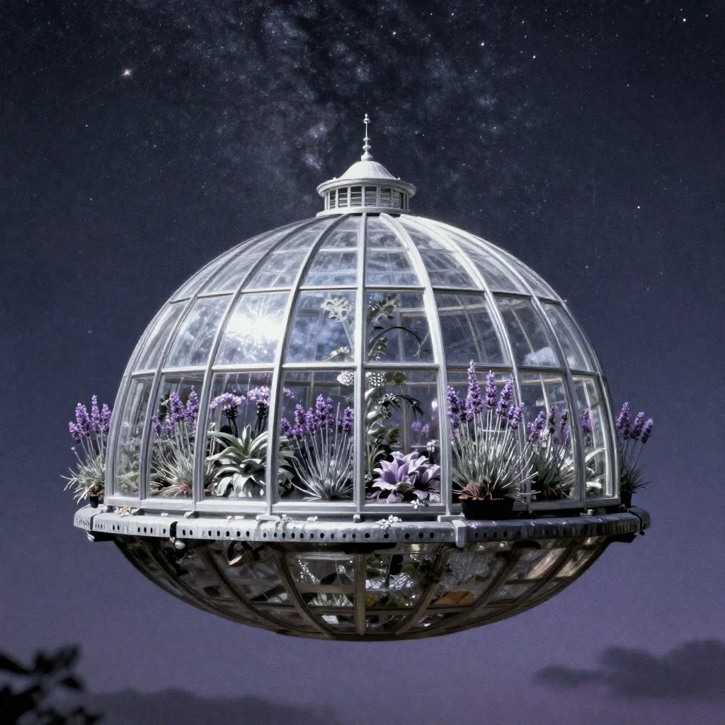 a floating botanical conservatory beneath a star-filled sky, contemporary botanical illustration, subtle film grain, lav
