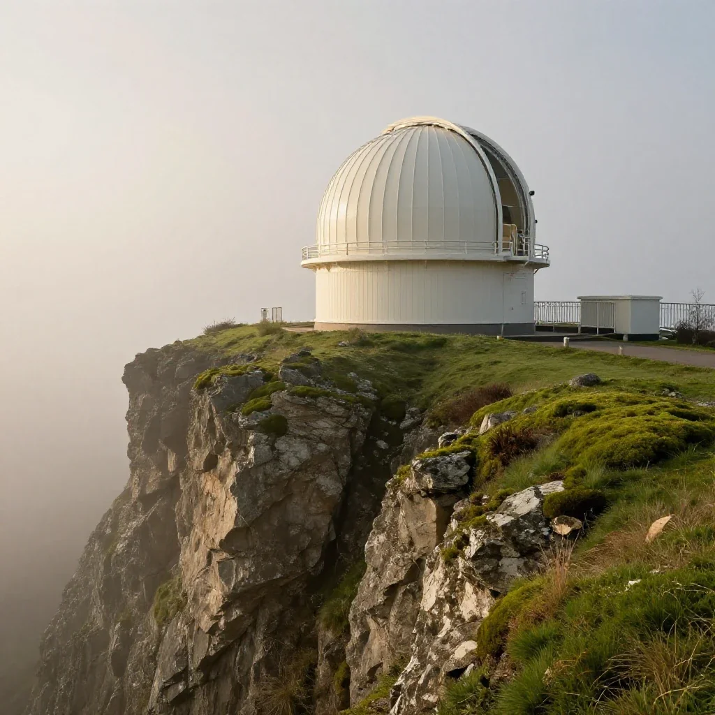 a cliffside observatory in early spring mist, high-end design magazine photography, careful geometric composition, moss
