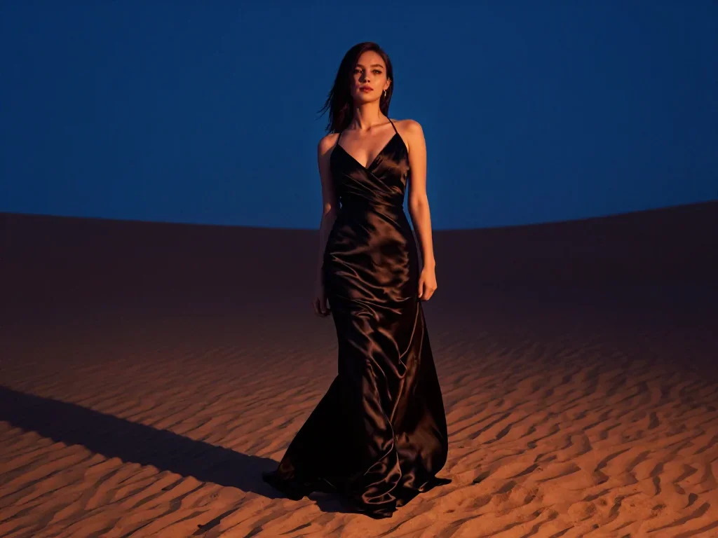 a young woman in a flowing silk gown in a confident cinematic stride, in a silent desert at twilight, National Geographi