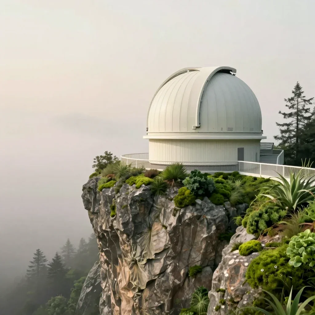 a cliffside observatory under soft dawn fog, contemporary botanical illustration, clean natural textures, moss green and