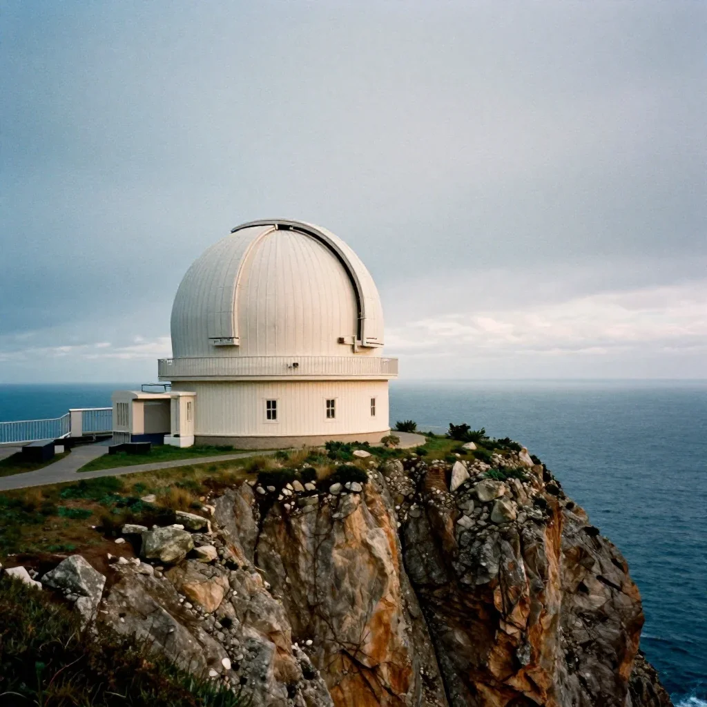 a cliffside observatory under overcast coastal light, museum-quality still-life photography, subtle film grain, cobalt a