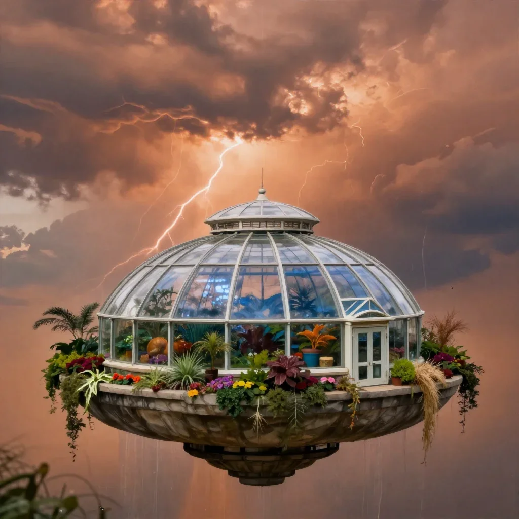 a floating botanical conservatory after a distant thunderstorm, quiet science-fiction concept art, crisp material detail