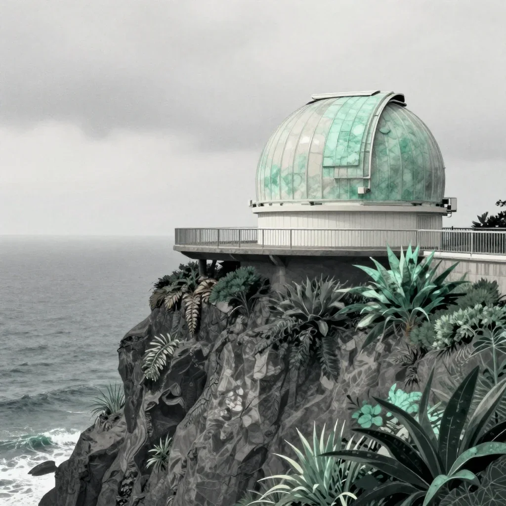 a cliffside observatory under overcast coastal light, contemporary botanical illustration, subtle film grain, jade and c