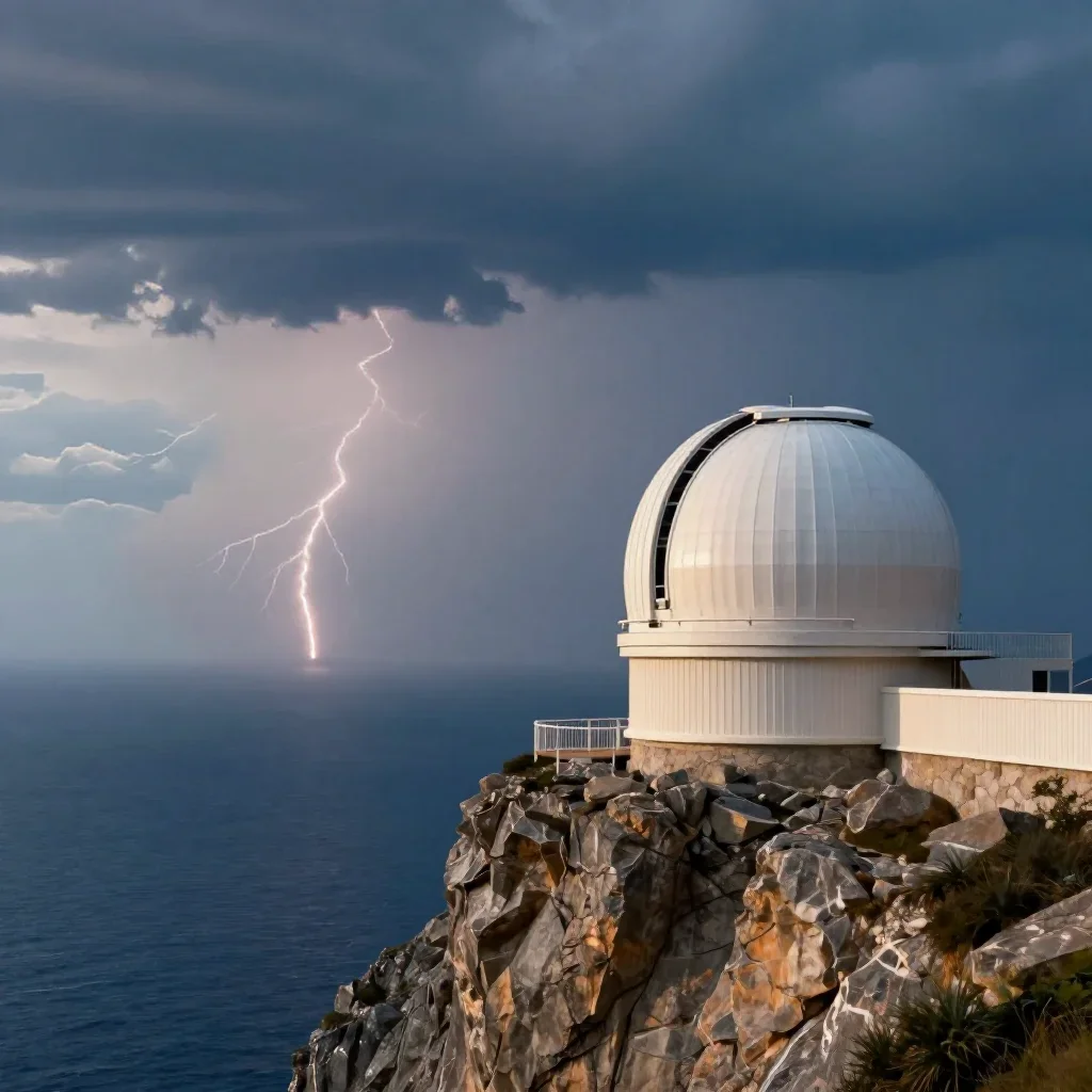 a cliffside observatory after a distant thunderstorm, cinematic architectural photography, calm negative space, cobalt a