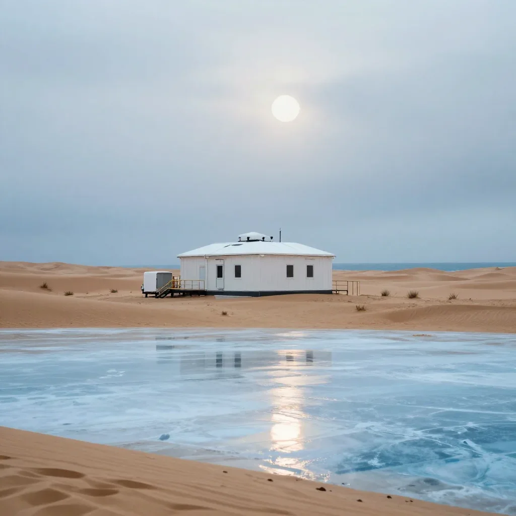 a desert research station under overcast coastal light, dreamlike fine-art landscape photography, gentle reflected light