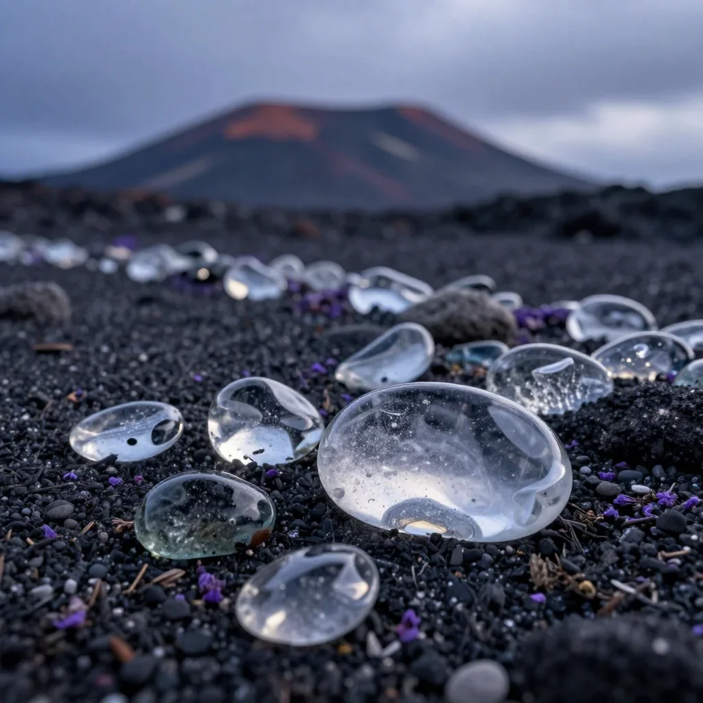 a volcanic beach of polished glass at blue hour, macro natural-history photography, shallow depth of field, lavender and