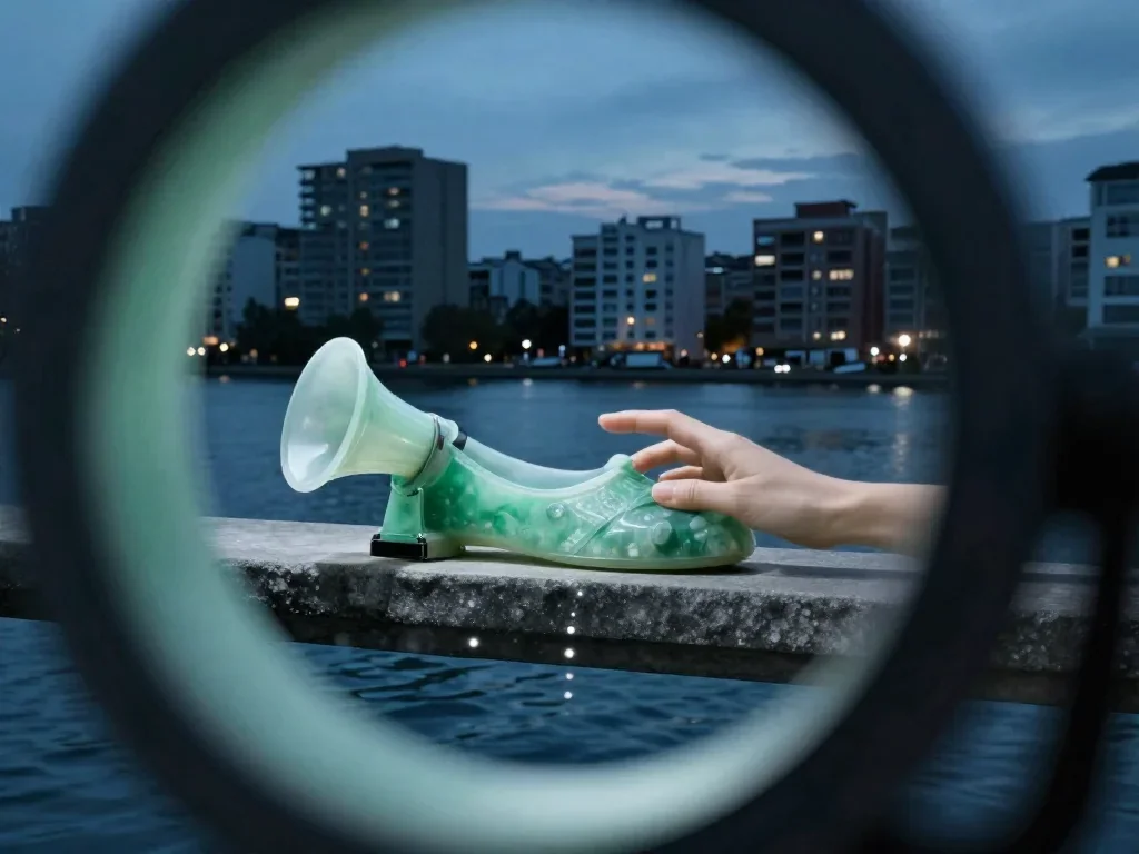 a siren at the waterline in a translucent slip in a gentle reach toward the lens, in a blue-hour city apartment, cinematic film still, layered foreground framing, jade and charcoal palette, no text, no logo, no watermark