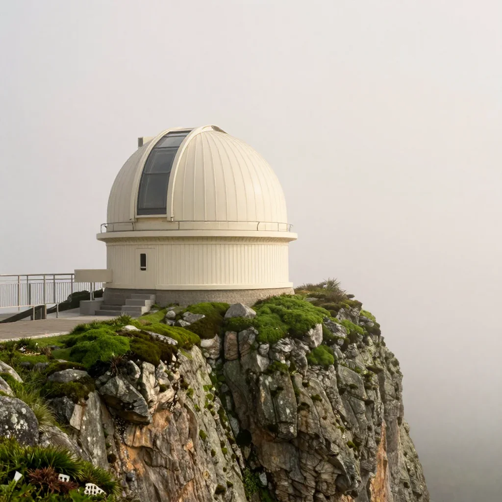a cliffside observatory under soft dawn fog, refined editorial travel photography, clean natural textures, moss green an