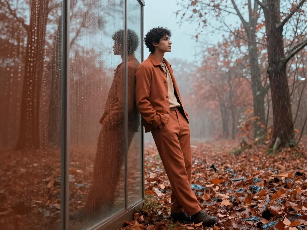 a lover leaning against rain-streaked glass standing tall with hands in pockets, in a dewy forest clearing, Vogue-style 