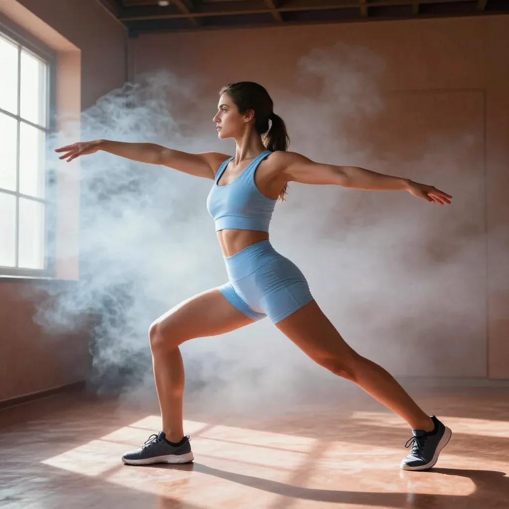 a fitness creator stretching in a sunlit loft in a confident cinematic stride, in a smoke-lit photo studio, high-fashion