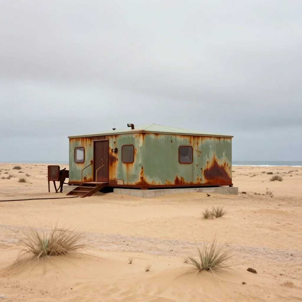 a desert research station under overcast coastal light, dreamlike fine-art landscape photography, crisp material detail,