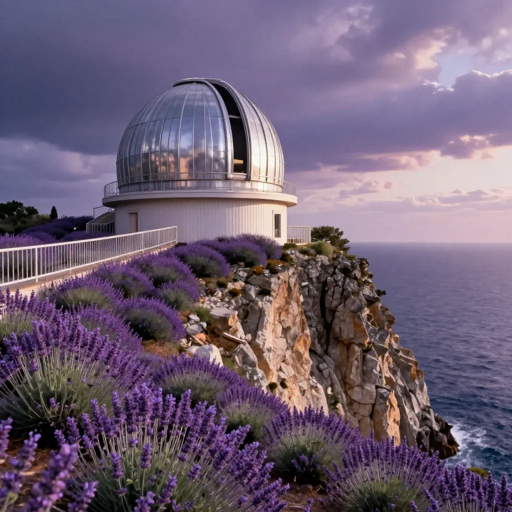 a cliffside observatory in a gentle sea breeze, cinematic architectural photography, atmospheric depth, lavender and sil