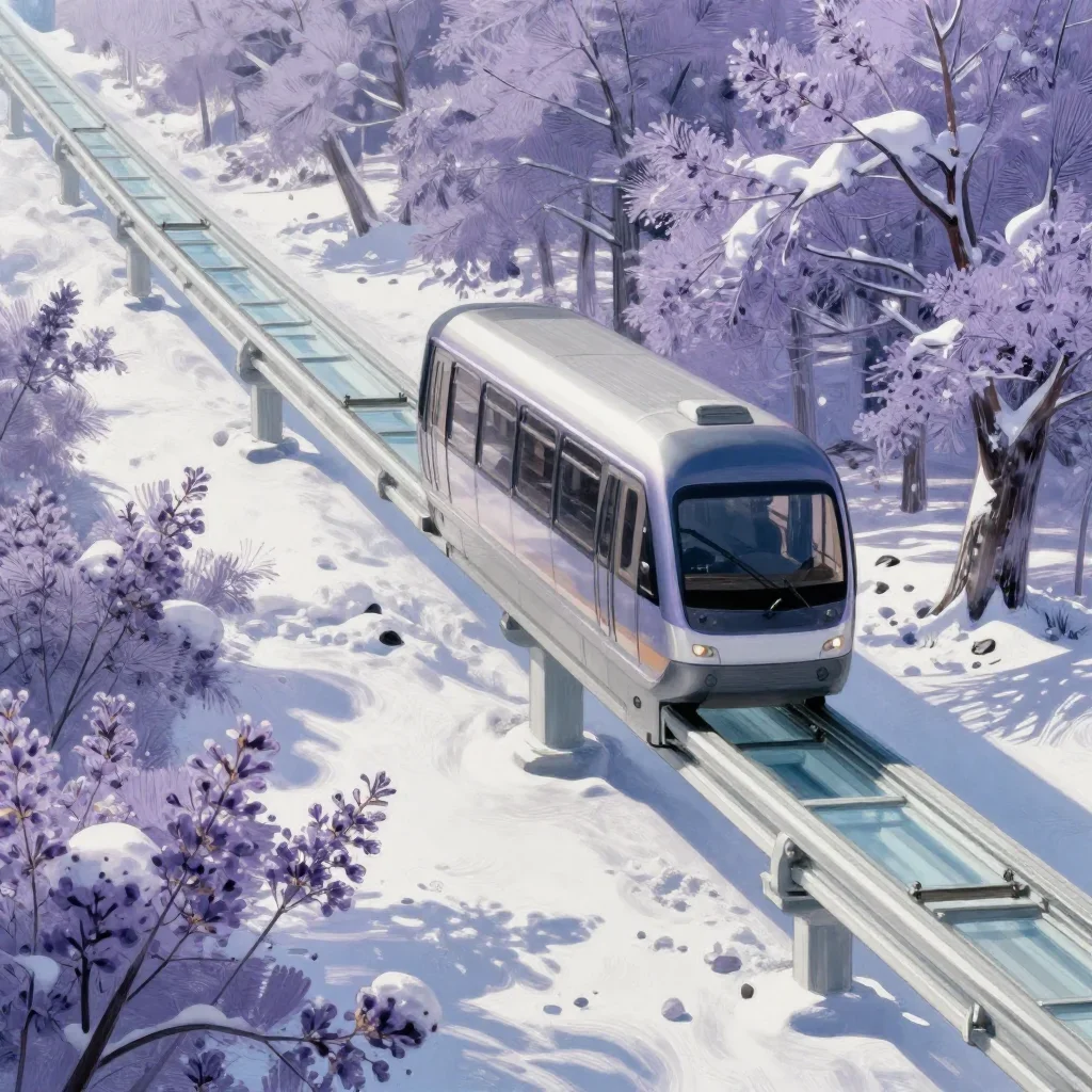 a glass monorail in crisp winter sunlight, Japanese woodblock-inspired editorial art, clean natural textures, lavender a