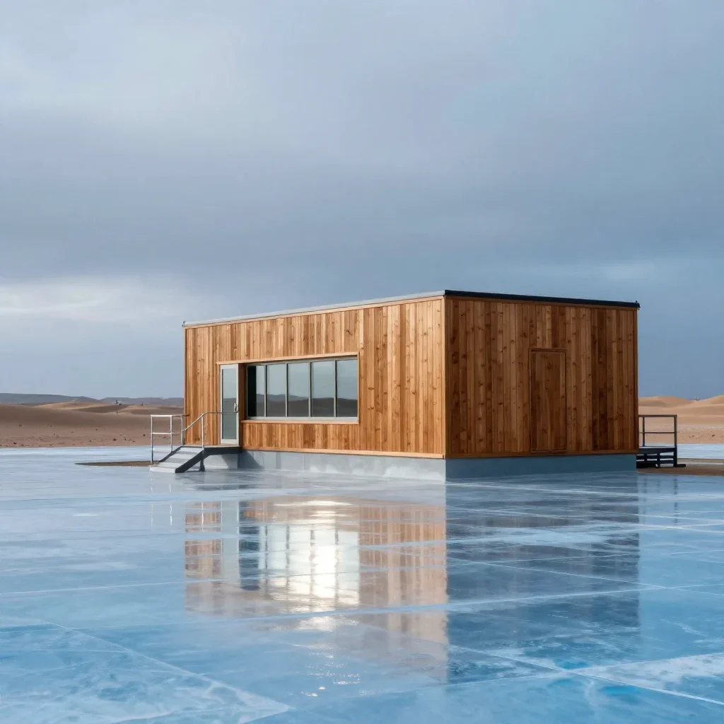 a desert research station under overcast coastal light, cinematic architectural photography, gentle reflected light, ice