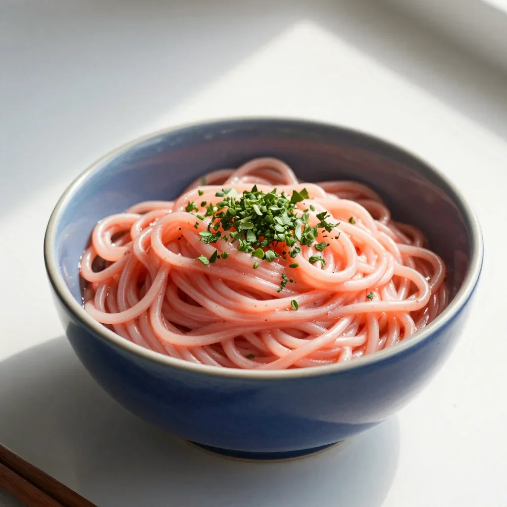 a bowl of handmade herb noodles under diffused skylight, high-end design magazine photography, soft volumetric light, co