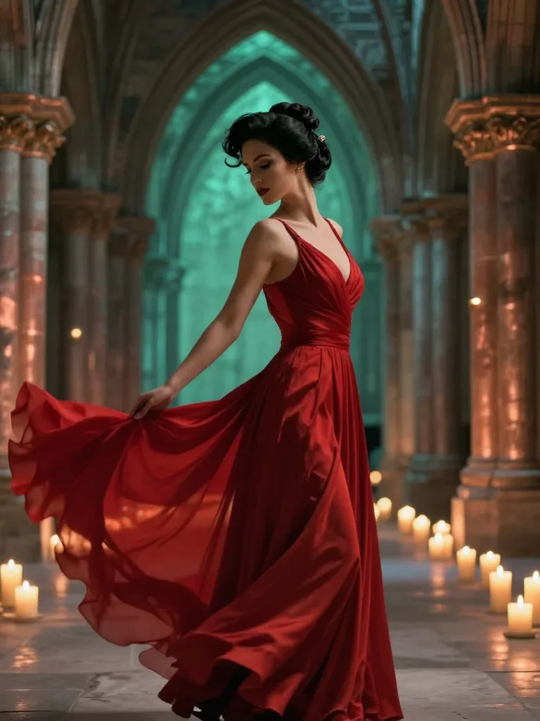 a femme fatale in a crimson backless gown mid-turn with fabric catching the light, in a candle-lit cathedral ruin, bold