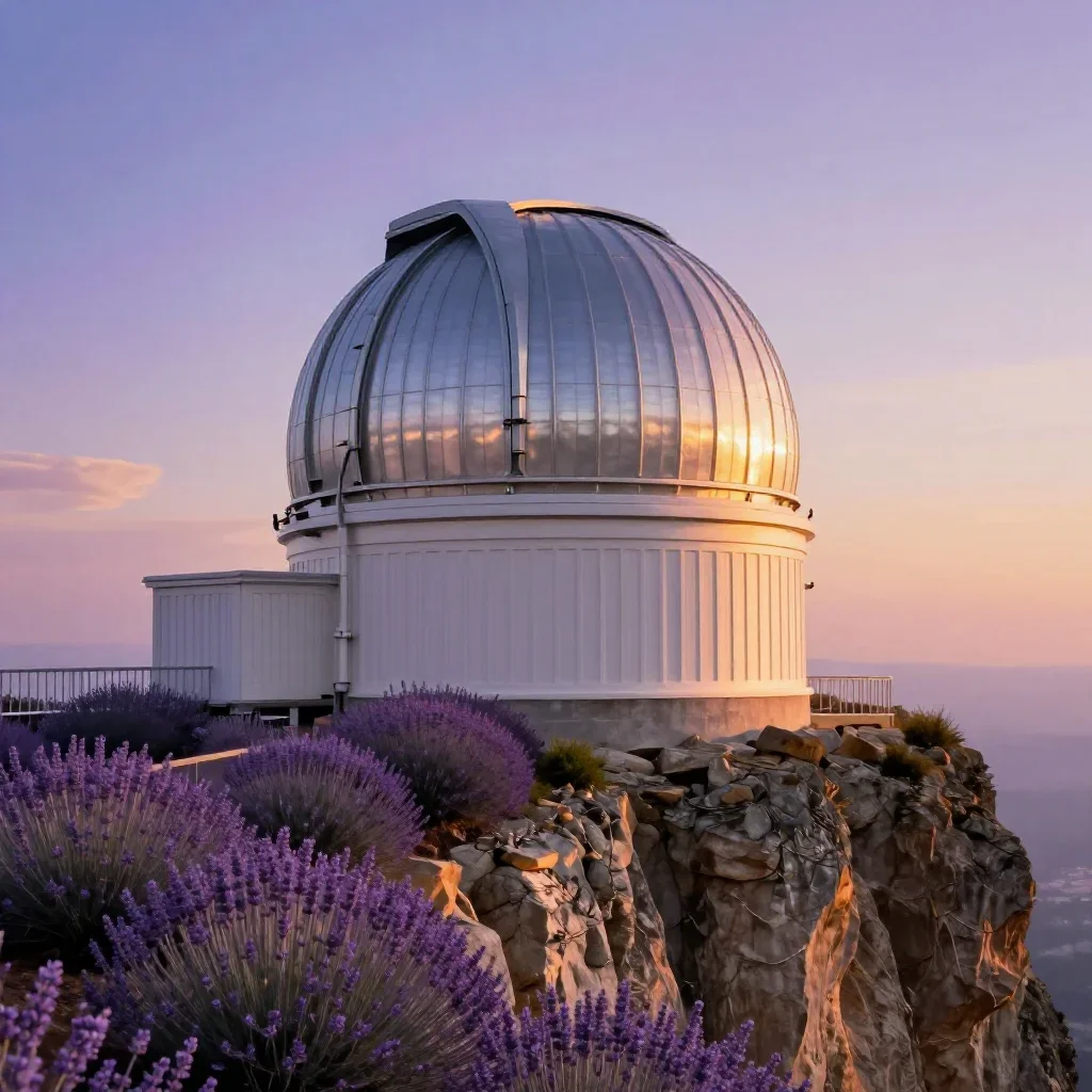 a cliffside observatory during golden hour, cinematic architectural photography, soft volumetric light, lavender and sil
