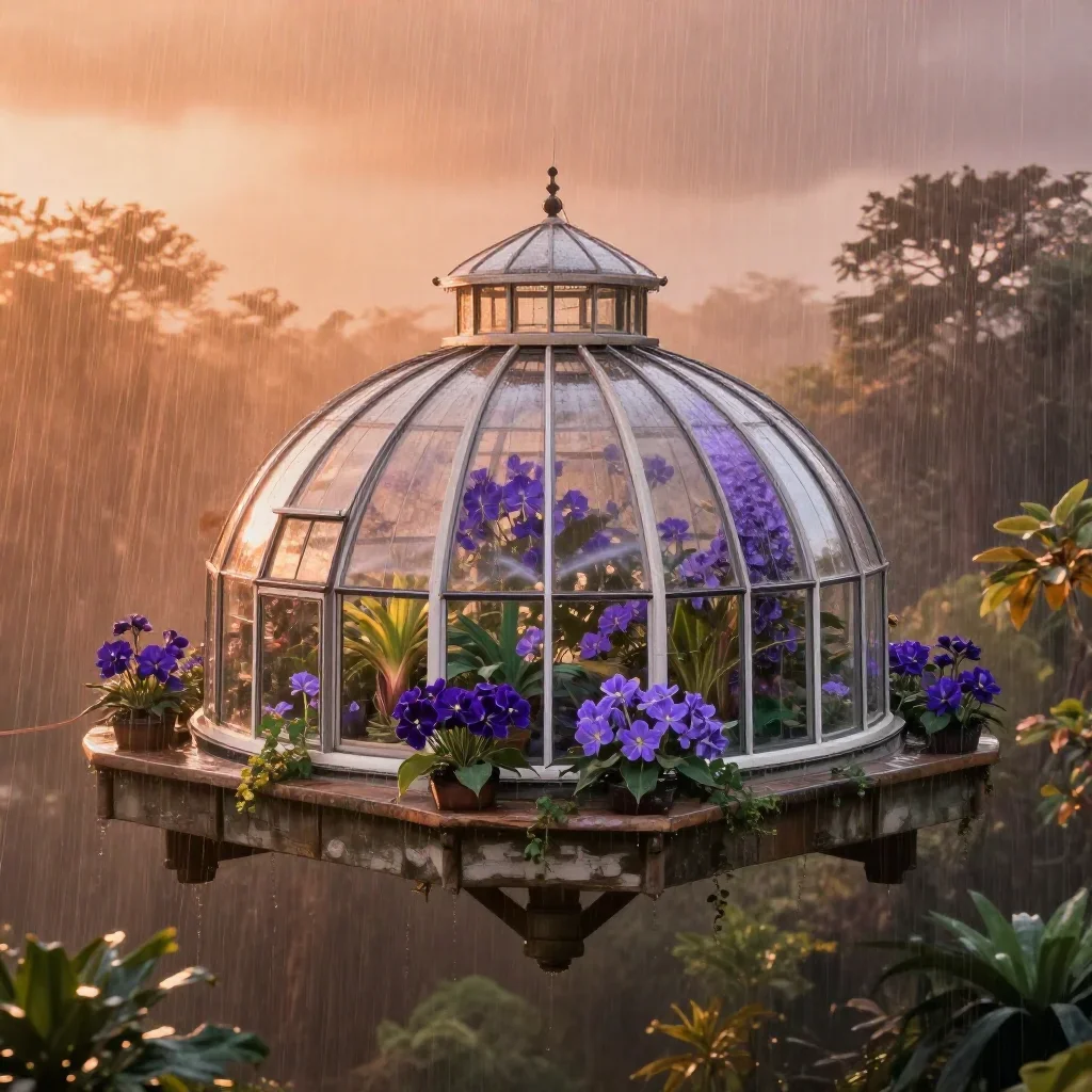 a floating botanical conservatory after warm summer rain, dreamlike fine-art landscape photography, soft volumetric ligh
