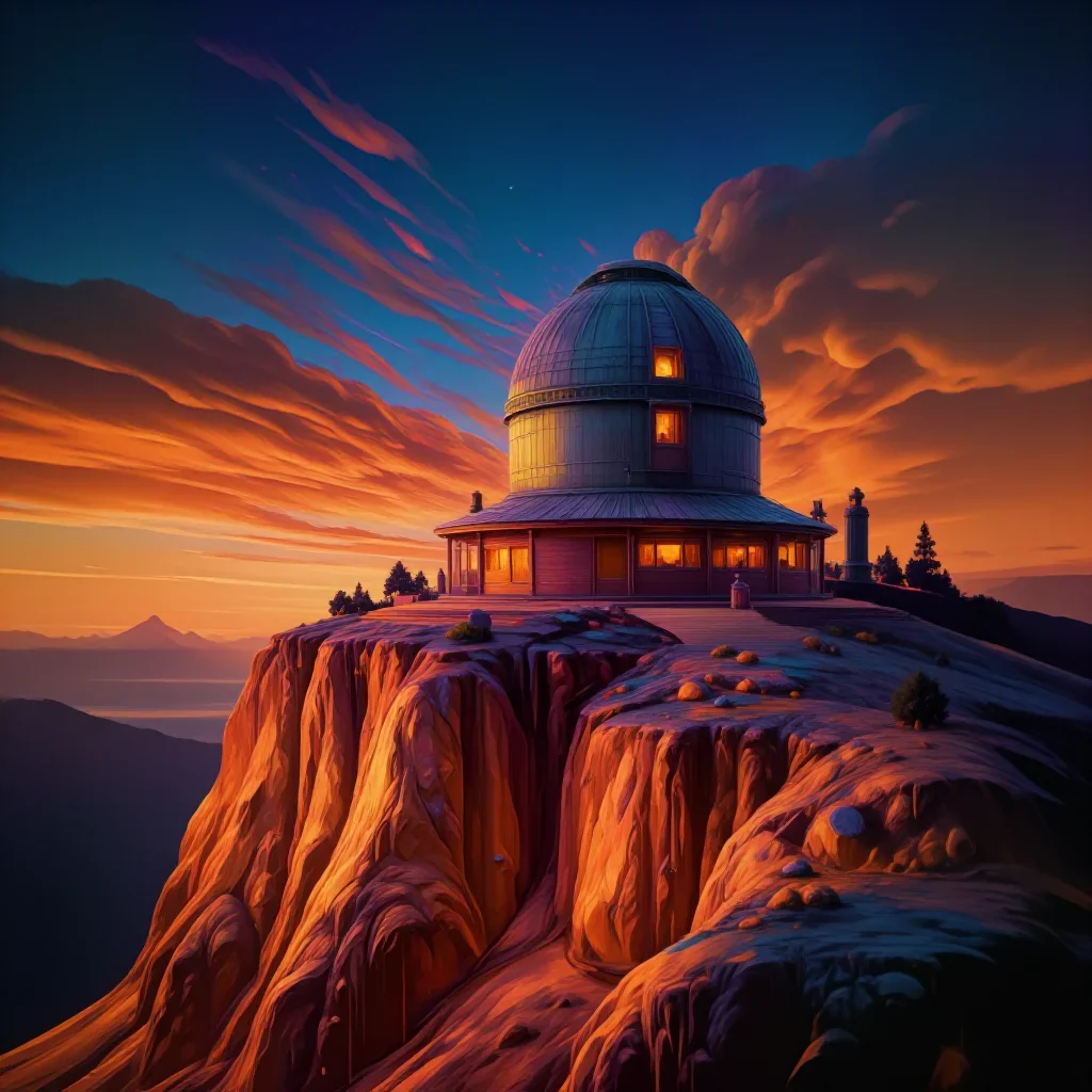 a cliffside observatory during golden hour, dreamlike fine-art landscape photography, restrained color harmony, ochre an