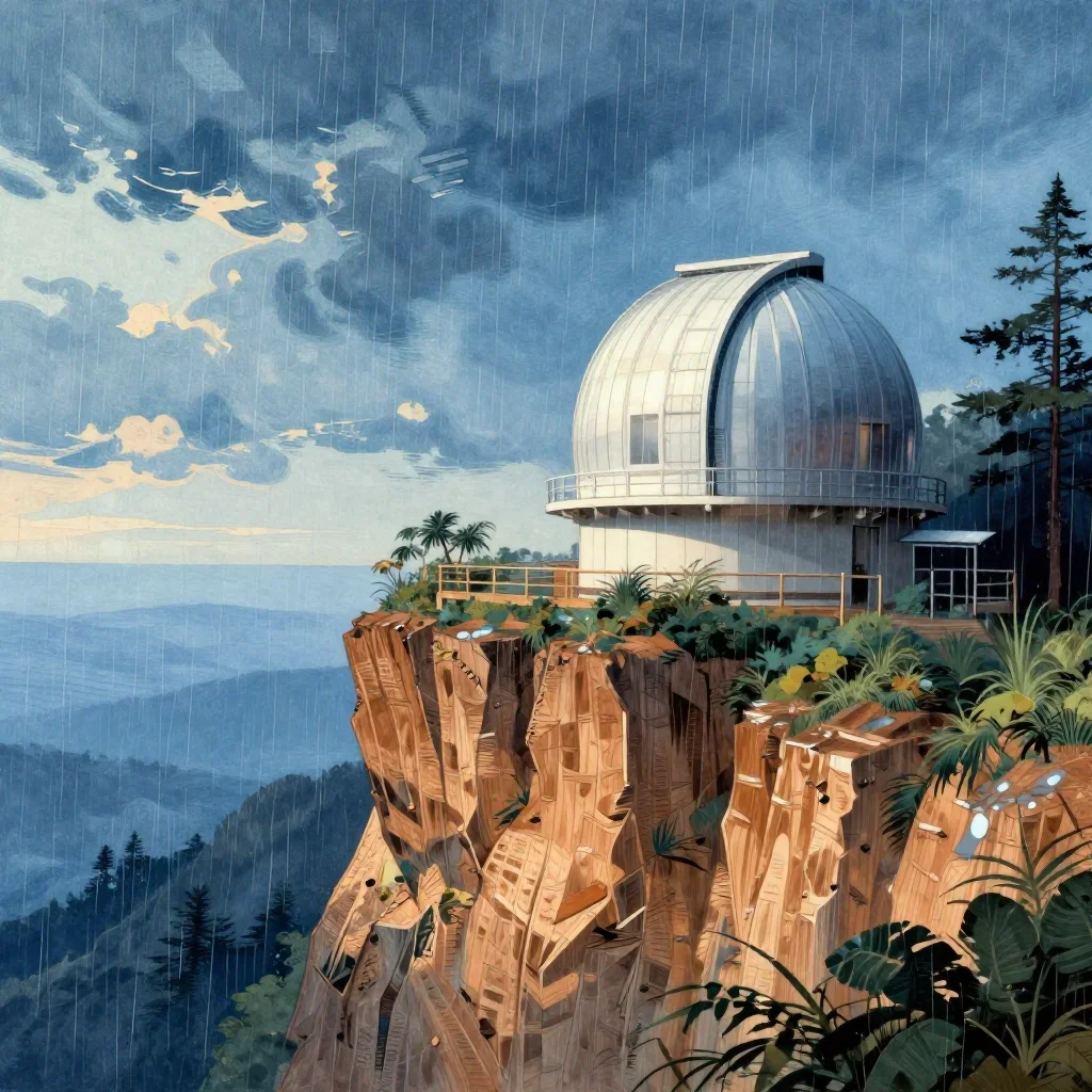 a cliffside observatory after warm summer rain, Japanese woodblock-inspired editorial art, atmospheric depth, ice blue a