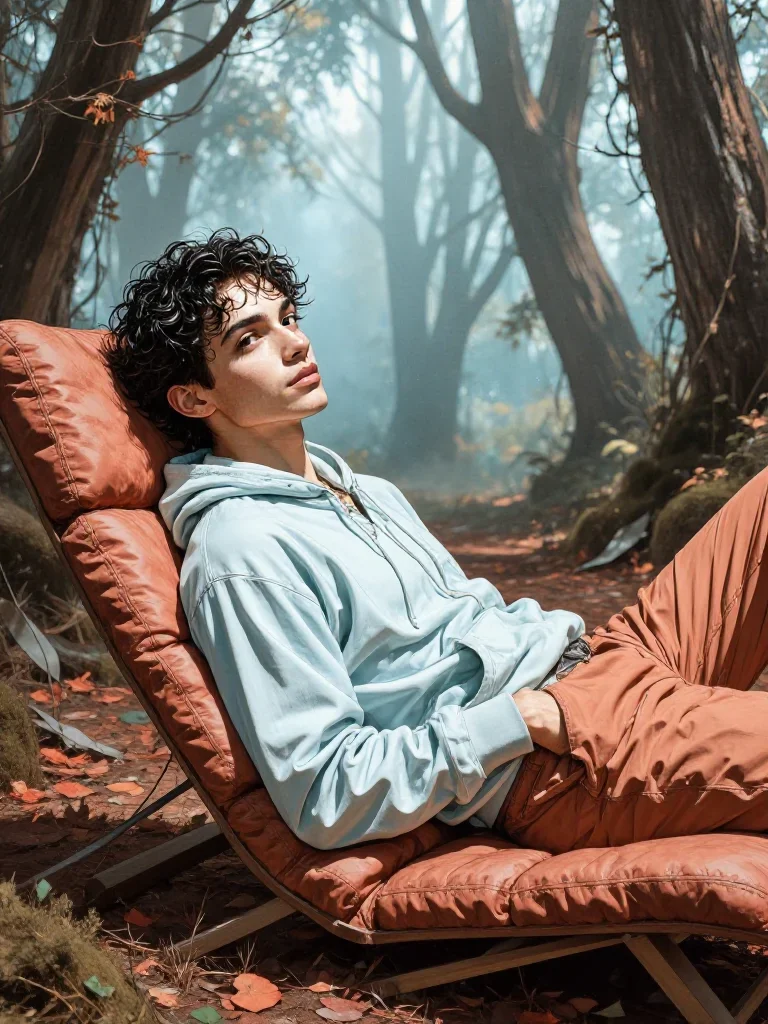 a streetwear influencer with wet-look hair reclining elegantly on a chaise, in a dewy forest clearing, National Geograph