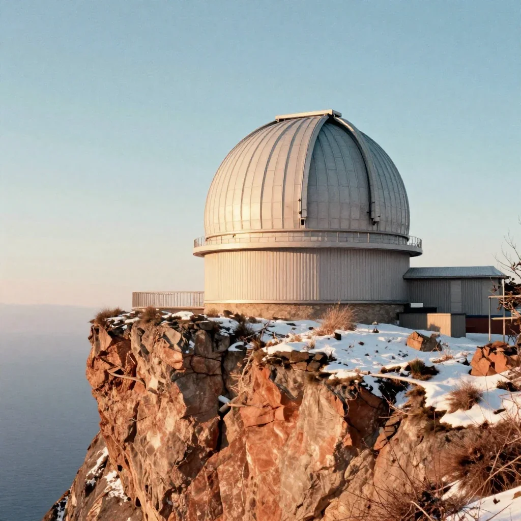 a cliffside observatory in crisp winter sunlight, Japanese woodblock-inspired editorial art, subtle film grain, terracot