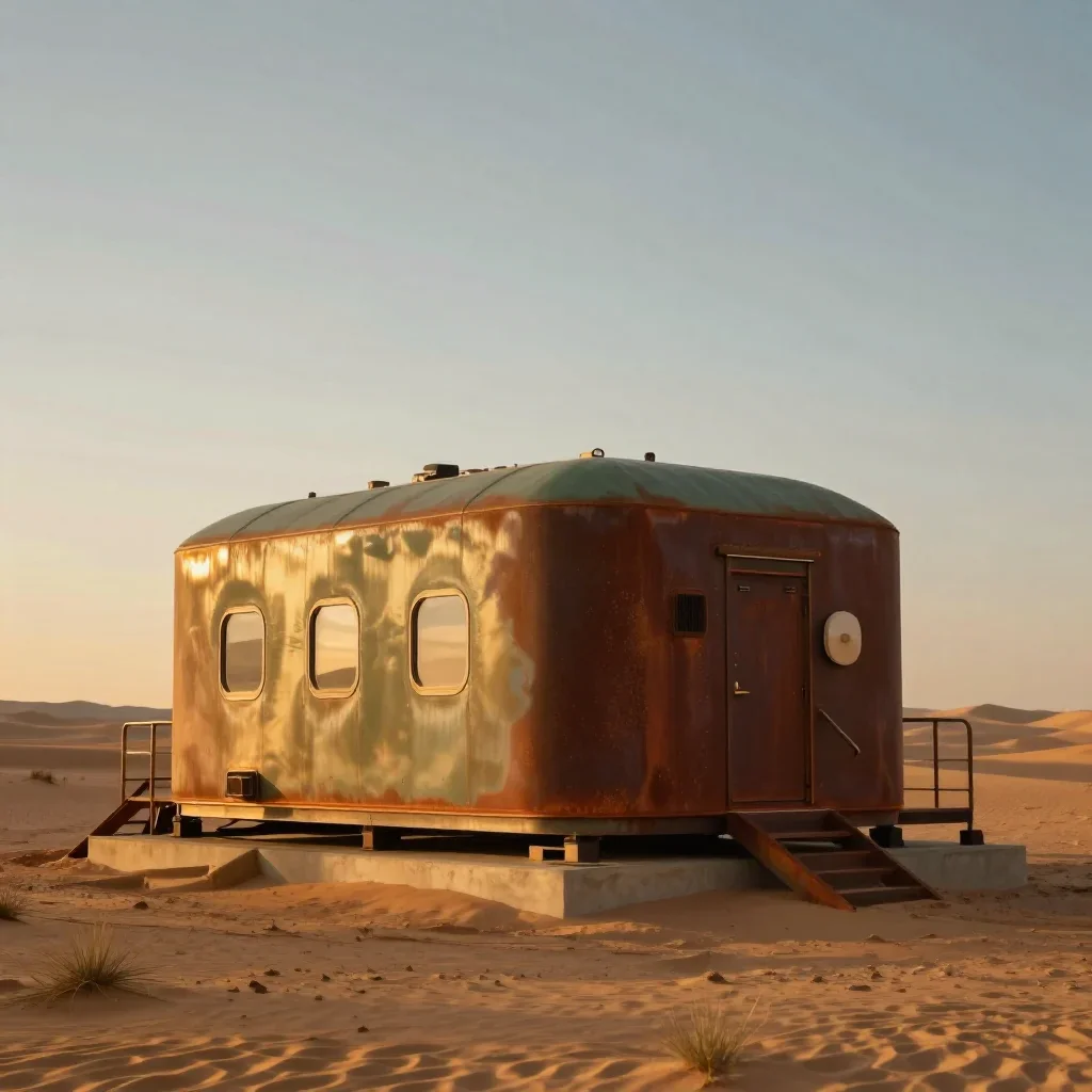 a desert research station during golden hour, high-end design magazine photography, restrained color harmony, rust and s