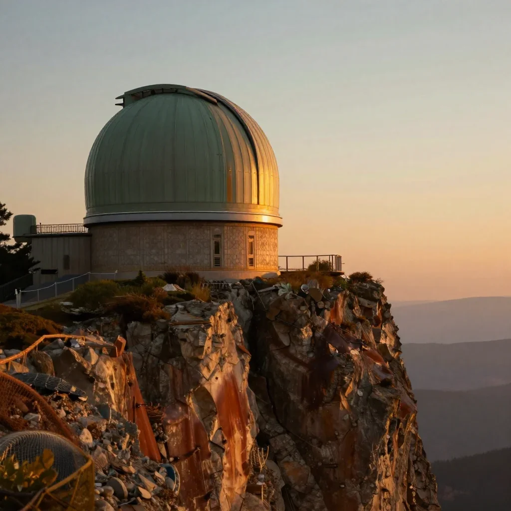 a cliffside observatory during golden hour, quiet science-fiction concept art, soft volumetric light, rust and sage pale