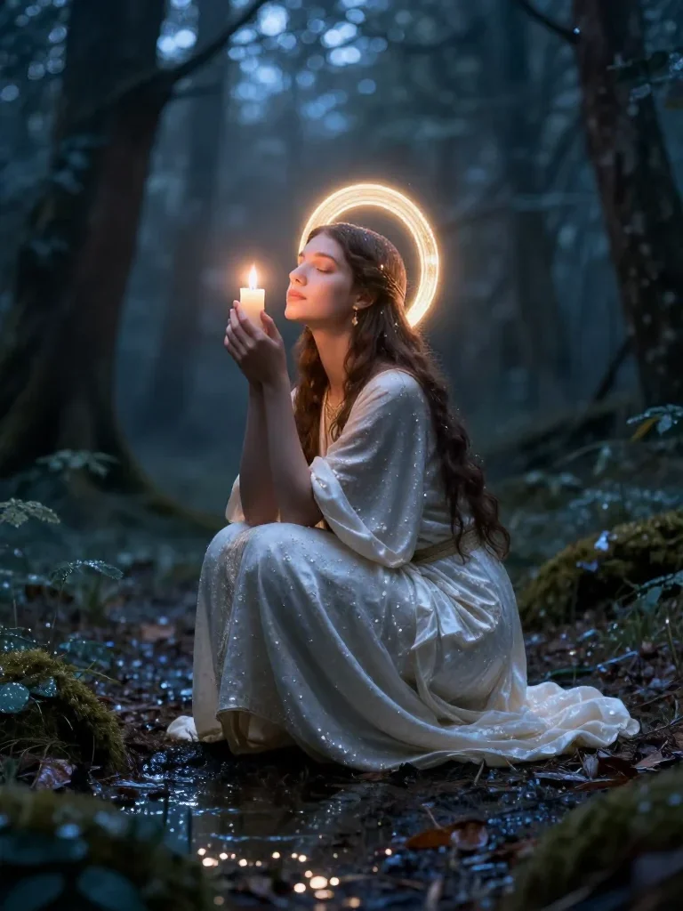 a celestial priestess with haloed candlelight in a low lunge with a lifted chin, in a dewy forest clearing, cinematic fi